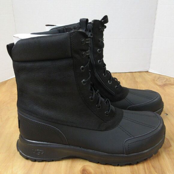 UGG Emmett Duck Winter Snow Waterproof Boots Hi Sz 12 Black Leather Lug Sole NWT - Picture 1 of 12